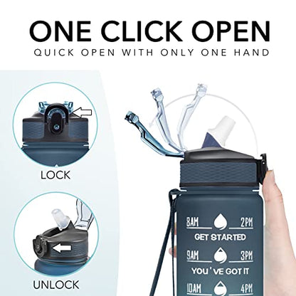 Hyeta Water Bottle with Straw & Time Marker, Plastic 32oz Leakproof | Motivational Tritan BPA Free Gym Office Outdoor Intake Tracker Hourly Reminder Straw Lid Carry Strap - color: Navy-Blue-Green