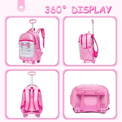 Rolling Backpack for Girls Rolling Backpack with Wheels Pink Backpacks for Girls Elementary Primary Students with Lunch Bag - color: Pink Cat