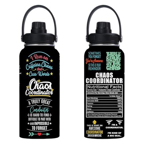 Chaos Coordinator Water Bottle 32 oz - Thank You Gifts for Men Women - Employee Appreciation Birthday Gifts for Women Coworkers Boss Teacher Nurse Friend - color: Chaos Coordinator
