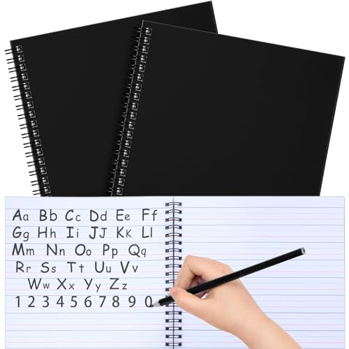Gilprop 2 Pcs Primary Composition Notebook Spiral K-2 Writing Workbook Wide Ruled Paper Primary Journal 100 Sheets 9.8" x 7.5" Kindergarten Preschool Handwriting Notebook for Kids - color: Black