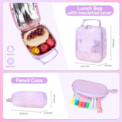 Jafeton Backpacks for Girls, Girls Backpack with Insulated Lunch Bag and Pencil Case for Kids Teens Elementary Middle High School Student, Cute Bow School Bag Travel Daypacks Book Bag Set - color: Purple Pink