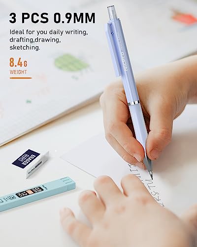 Nicpro 3PCS Pastel Mechanical Pencil Set, 0.9 Mechanical Pencil with 6 Tubes HB Lead 0.9mm, 3PCS Eraser & 9PCS Eraser Refill, Cute School Supplies for Writing, Sketching, Drafting-With Case - style: 3 Pack (0.9mm)