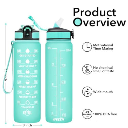 Hyeta Water Bottle with Straw & Time Marker, Plastic 32oz Leakproof | Motivational Tritan BPA Free Gym Office Outdoor Intake Tracker Hourly Reminder Straw Lid Carry Strap - color: Mint Matte