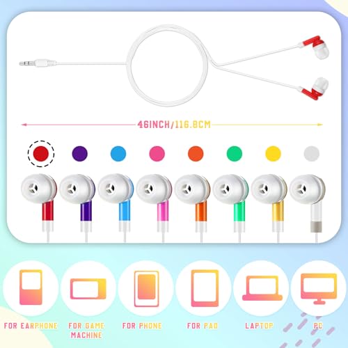 Macarrie 50 Pack Earbuds Bulk for Classroom Kids Wire Earphones Students Ear Buds Set Stereo Headphones for Kids Adults Schools Libraries, 3.5 MM Audio Jack (Mixed Colors)