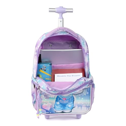 Cartoon Rolling Backpack for Boys Girls, Kids 5 Pcs Wheeled Backpack, Travel Backpack for Elementary Students (Dog Purple) - color: Dog Purple