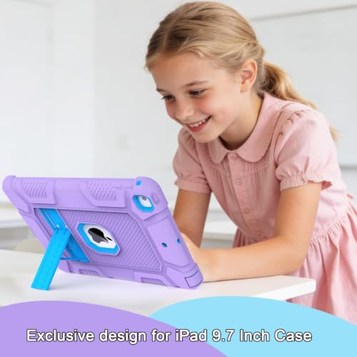 iPad 6th/5th Generation, Air 2 Case, Shockproof Rugged Cover with Kickstand for 9.7'' A1893/A1954/A1822/A1823 Tablets - color: Purple+Blue