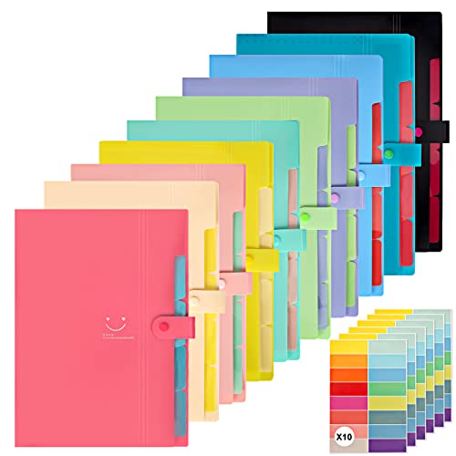 EOOUT 10pcs Expanding File Folders, Folders for Documents, A4 Letter Size Plastic Accordion Document Organizer with Snap Button, 160 Stickers in 16 Colors, for School and Office Supplies - color: 10 Color