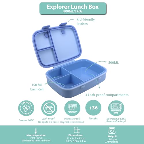 Kids Bento Explorer Lunch Box, 3 No-Mix Compartments, Microwave & Dishwasher Safe, Lightweight with Removable Tray, for Daycare, Preschool, School (Blue Ice) - color: Blue Ice