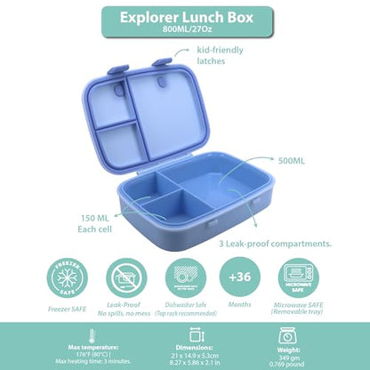 Kids Bento Explorer Lunch Box, 3 No-Mix Compartments, Microwave & Dishwasher Safe, Lightweight with Removable Tray, for Daycare, Preschool, School (Blue Ice) - color: Blue Ice