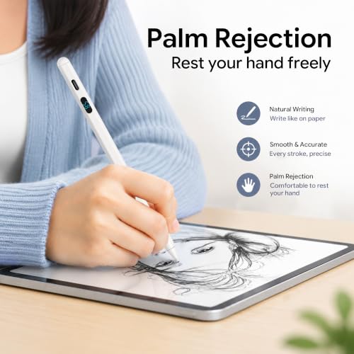 2-in-1 Stylus Pen for Touch Screen with LED Power Display, Universal Stylus Active Pencil for iPad 2018-2026, iPhone, Samsung, Android Tablet, Switch- Tilt Sensitivity Drawing, Fast Charge Digital Pen - color: White