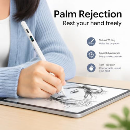 2-in-1 Stylus Pen for Touch Screen with LED Power Display, Universal Stylus Active Pencil for iPad 2018-2026, iPhone, Samsung, Android Tablet, Switch- Tilt Sensitivity Drawing, Fast Charge Digital Pen - color: White