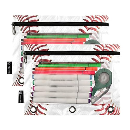 Baseball Pencil Pouches for 3 Ring Binder, Zipper Binder Pencil Case, 2 Pack Clear Window Case Bag for Office Organizers - color: Baseball