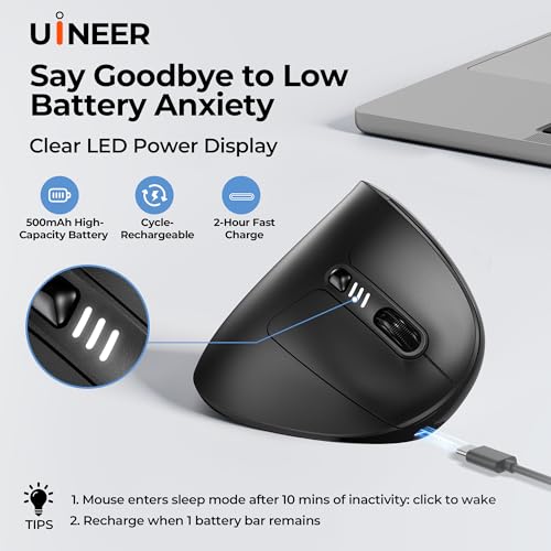 Uineer Vertical Ergonomic Mouse, Wireless Bluetooth Mouse, 3-Device | Switch among 3 devices via dual Bluetooth and 2.4G; rechargeable with 7-color ambient lighting. - color: Black