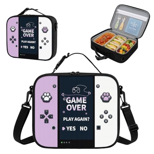 Game Console Insulated Lunch Bag lonchera for Teen Boys Girls Kids, Reusable Large Capacity Gamer Lunch Box with name tag, Adjustable Strap for School Office Picnic, Portable Waterproof Leakproof - color: Purple