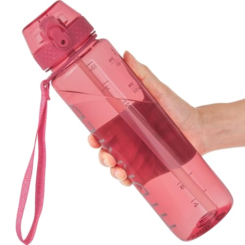 GOPPUS Water Bottle Clear Water Bottles 32oz Motivational with Time Marker Tritan BPA Free Sports Water Bottles Wide Mouth for Gym Travel Home School Office - color: Clera Red