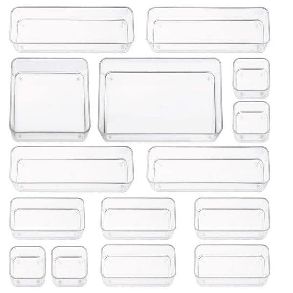 primebox Fifteen Pieces. Plastic Clear Drawer Organizers. Bathroom, Kitchen, Bedroom, Utensils, Office Organizer Bins, Storage Trays. Heavy Duty, Stackable 5 Sizes.