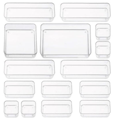 primebox Fifteen Pieces. Plastic Clear Drawer Organizers. Bathroom, Kitchen, Bedroom, Utensils, Office Organizer Bins, Storage Trays. Heavy Duty, Stackable 5 Sizes.
