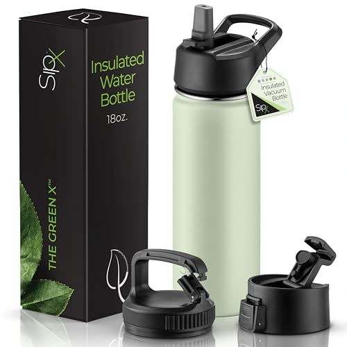 SipX™ 18 oz Insulated Water Bottle with 3 Lids – Leakproof Stainless Steel, Triple Insulated – Cold 24 Hours/Hot 12 Hours – Durable Bottle for School, Gym, Travel – Green - color: Green, size: 18 Ounces