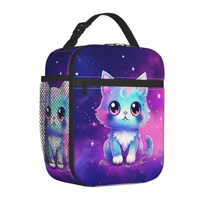Galaxy Cute Cat Printed Insulated Lunch Box Portable Purple Lunch Bag with Detachable Handle,Reusable Lunchbox for Girls Boys Adults - color: Galaxy Cat