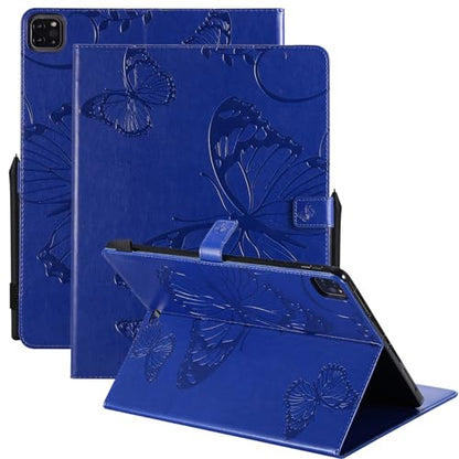 Dteck Wallet Case for iPad Air 13 Inch M2 2024 & iPad Pro 12.9 2022/2021/2020/2018 with Pencil Holder,Embossed Butterfly Auto Sleep/Wake PU Leather Smart Stand Girls Cute Folio Pocket Cover,Blue - color: 10 Blue