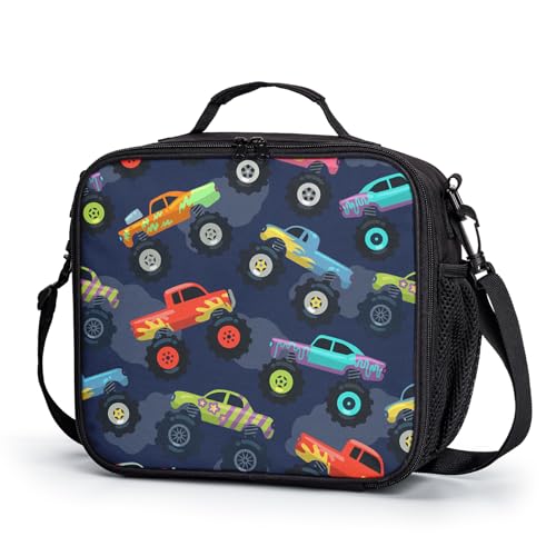 Monster Trucks Lunch Box for Boys Girls Toy Cars Pattern Lunch Bag with Shoulder Strap for Kids Teens Durable Large Capacity Insulated Lunchbox Thermal Meal Bag for School Picnic - color: A-Monster Trucks