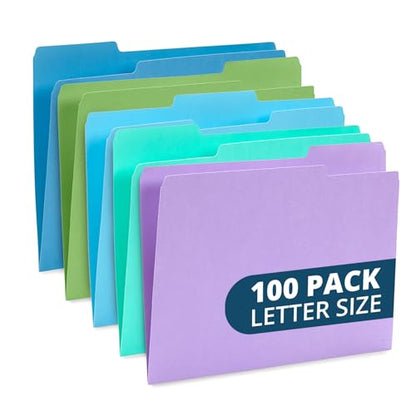 Blue Summit Supplies 100 File Folders, Letter Size, 1/3 Cut, Ocean Tones | Durable 11pt, 1/3 cut top tab, blue and green ocean tones, for office, school, and home filing - color: Ocean Tone
