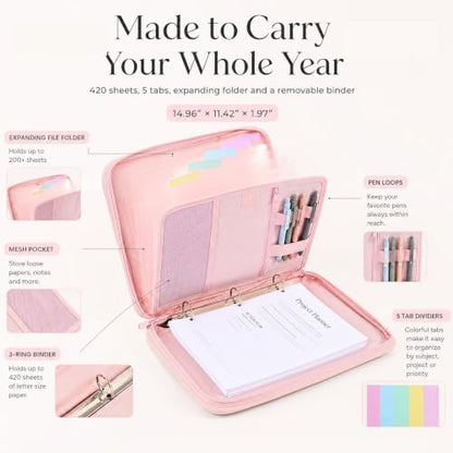 Sturdy 3 Ring Zipper Binder with Strap for School - Beautiful 1 Inch Zip Up Binder with 5-Tab Dividers Holds 420 Sheets, Books & Laptop - Easy to Carry Trapper Keeper Made of Premium Fabrics - color: Pink