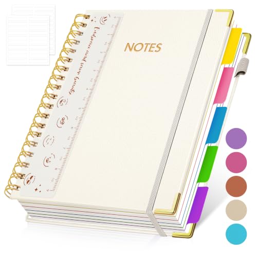 Hardcover Spiral Notebook Journal with Removable PVC Dividers - 8'' x 10'' Large 300 Page B5 Hardcover Leather College Lined Journals Notebook for Work Note Taking Office Home School Supplies, White - color: white