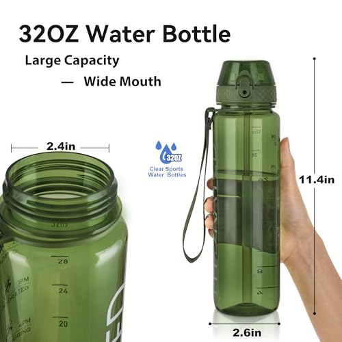GOPPUS Water Bottles Clear Water Bottle with Straw 32oz Plastic Water Bottles BPA Free Tritan Wide Mouth Bottle Leakproof Motivational bottles water for Gym,Hiking,School or Office(1 Bottles) - color: Olive Green