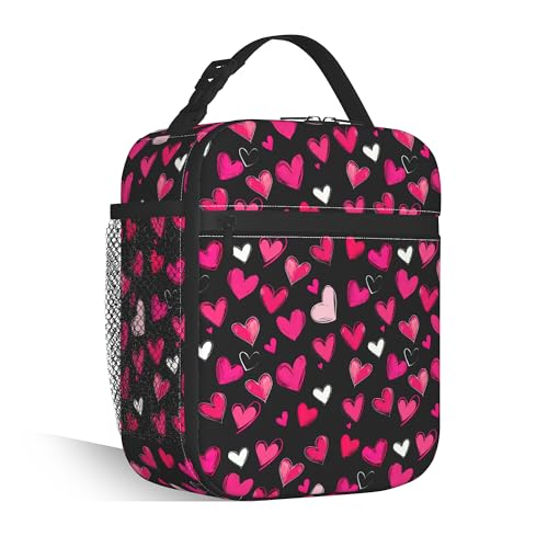 Pink Heart Lunch Tote for Women, Cute Insulated Lunch Bag | Stylish pink pattern lunch bag with insulated interior, reusable cooler tote for work, office, picnic and everyday use - color: Pink Heart
