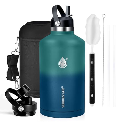 One Gallon Insulated Water Bottle, Triple Wall 128 oz Stainless Steel Wide Mouth Water Bottles (Cold for 48 Hrs), Leak Proof, Non-BPA, Large Water Flask Jug with Paracord Handle & Straw Spout Lids - color: Green & Blue, size: 128 Ounces