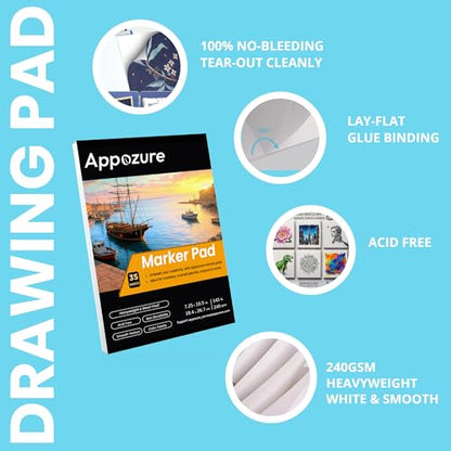 240GSM Bleedproof Sketch Pad for Markers, Acid-Free Heavyweight Smooth Drawing Papers, 7.25×10.5 Inch Glue-Bound, 35 Sheets/70 Pages, Ideal for Beginners, Artists, Kids, Beginners, Dry Media, Gifts - size: 7.25" ×10.5"