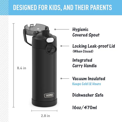 THERMOS FUNTAINER Water Bottle with Spout, 16oz, Black Matte | Kids Stainless Steel Insulated Water Bottle, Keeps Drinks Cold Longer for School & Play, BPA-Free - color: Matte Black, size: 16 Ounces