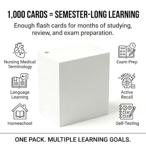 Blank Flash Cards with Rings & Box 1000 White Hole-Punched 2x3.5 USA Made | For active recall, vocabulary, homeschooling, language learning, exam prep, and spaced repetition.