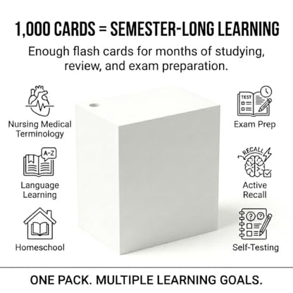 Blank Flash Cards with Rings & Box 1000 White Hole-Punched 2x3.5 USA Made | For active recall, vocabulary, homeschooling, language learning, exam prep, and spaced repetition.