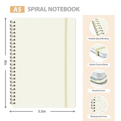 A5 Lined Spiral Journal Notebook, 146 Pages Hardcover Notebook with 100 GSM Thick Paper, Inner Pocket & Elastic Closure, 5.7" x 7.9", Notebooks for Work, School, College, Office, Journaling & Note Taking - color: Beige