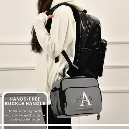 Custom Student Lunch Bag for Boys Girls Gray Solid Color Personalized Name Lunch Box Insulated Cooler Bag for School Picnic Office - color: Multi27