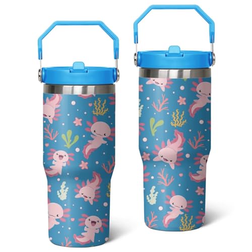 Queen Hero 30oz Hexagonal Dinosaur Tumbler with Handle,Large Insulated Tumbler with Flip & Straw Coffee Mug Cup Stainless Steel Gifts for Women Men Youth - color: Blue pink