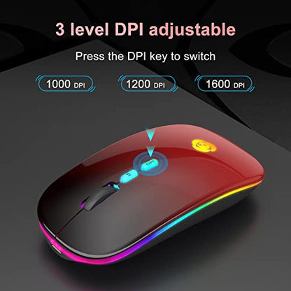 CC Store LED Wireless Mouse, Bluetooth Mouse &2.4GHz Instant Connection,Rechargeable Ultra Silent Slim,3 DPI 2 Connection Modes with USB-C to USB Adapter for Laptop/MacBook/PC/Tablet/iPad (Black-red) | Bluetooth mouse with 2.4GHz USB receiver, silent slim