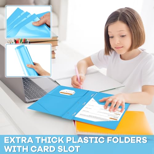 Henoyso 48 Pcs Plastic Folder with Clear Front Pocket and 3 Prongs Heavy Duty Plastic Folders with Card Slot Pocket Folders with Prongs for School Office Home(Lake Blue) - color: Lake Blue