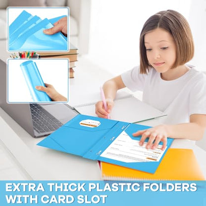 Henoyso 48 Pcs Plastic Folder with Clear Front Pocket and 3 Prongs Heavy Duty Plastic Folders with Card Slot Pocket Folders with Prongs for School Office Home(Lake Blue) - color: Lake Blue