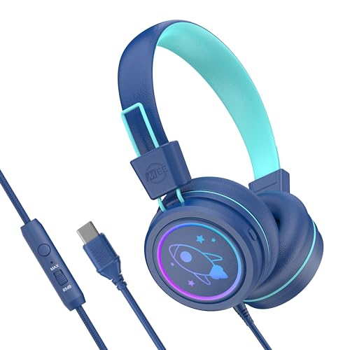 MEE audio KidJamz KJ55 Safe Listening USB-C Headphones for Children with Multicolor LED Lights, Volume Limiter, & Microphone; On-Ear Wired Kids Headset for iPhone 16, iPad, & USB Type C Devices (Blue) - color: Blue, style: USB-C Standard