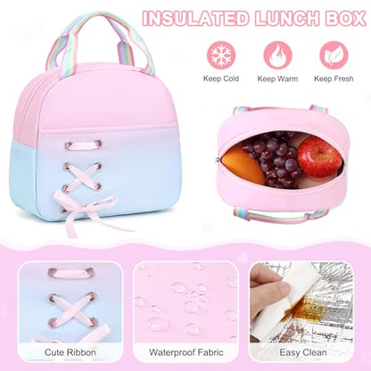 Scothen Backpack for Girls with Bento Lunch Box Set, School Bag Bookbag for Teens Girls Kids Student, 43oz Lunch Containers Lunchbox, Insulated Lunch Bag & Pencial Case, Back to School Gifts - color: Pink Blue