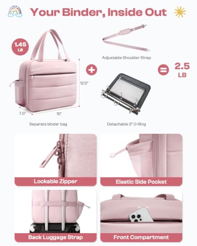 Puffer Zipper Binder 3 Ring with Pencil Pouch, 3" D-Ring Binder with Zipper and Shoulder Strap, 600+ Sheets Capacity Zip Up Binder with 15.6" Laptop Pocket, Binder Bag for School College Office, Pink - color: Pink