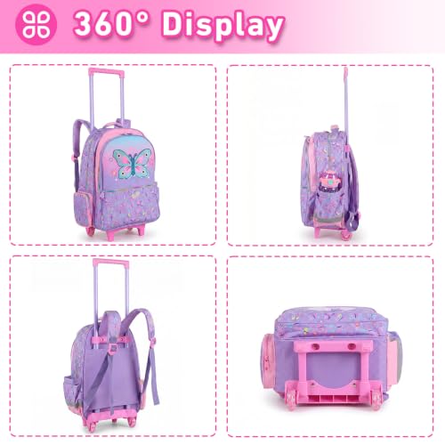Kids Backpack for Girls with Lunch Box, Rolling Backpack with Wheels, Cute Butterfly Kids Roller Elementary SchoolBag Middle-School Bookbag Back to School Gift - color: L22. Butterfly