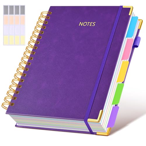 Hardcover Spiral Notebook journal with Removable Dividers Tabs, 300 Pages Leather 5 Subject Notebook College Ruled, 8"x10" Large B7 Notebooks for Work School Note taking, Lined Journal for Women,Navy - color: Dark Purple, size: 8"x10"