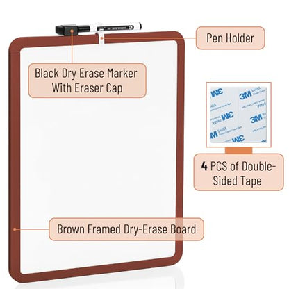Mr. Pen- Dry Erase Board, 14” x 11” with a Black Dry Erase Marker | Chocolate Brown Frame, Small Mini White Board for Students, Fridge, Wall, Locker, Includes Double Sided Tapes - color: Chocolate Brown