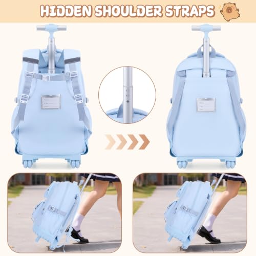Capybara Rolling Backpack for Girls - 3PCS Girls Backpack Kids Suitcase with Lunch Box & Pencil Case Travel - Capybara Backpack with Wheels for Kindergarten Preschool Elementary (Blue) - color: Blue