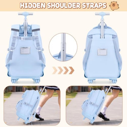 Capybara Rolling Backpack for Girls - 3PCS Girls Backpack Kids Suitcase with Lunch Box & Pencil Case Travel - Capybara Backpack with Wheels for Kindergarten Preschool Elementary (Blue) - color: Blue