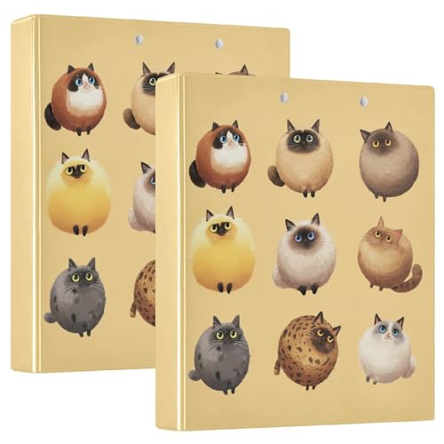 Fustylead Round Fluffy Chubby Cat Pattern Funny 3 Ring Binder, D-Rings 1.5" Hardcover Folder, Fits 200 Sheets of A4 Paper, Durable Clipboard & Clean View with Inside Pockets for School Home Office - size: 12.4x10.63x2.36 Inch-2 Pack